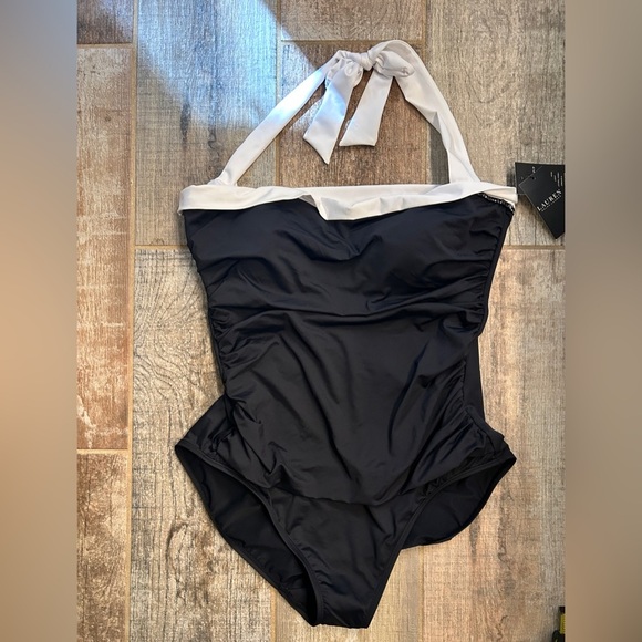 $130 NWT RALPH LAUREN 14 BLACK TIE ONE PIECE SLIMMING BEL AIR SWIMSUIT - Picture 3 of 11
